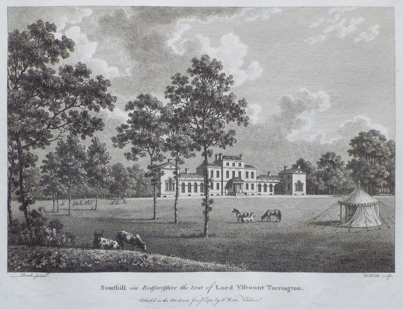 Print - Southill in Bedfordshire the Seat of Lord Viscount Torrington. - Watts